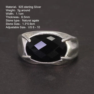 Real Pure 925 Silver Ring Women and Men Natural Stone Black Agate Oval Faceted US6-10 Adjustable Fine Jewelry - GQTORCH Jewelry