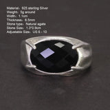 Real Pure 925 Silver Ring Women and Men Natural Stone Black Agate Oval Faceted US6-10 Adjustable Fine Jewelry - GQTORCH Jewelry