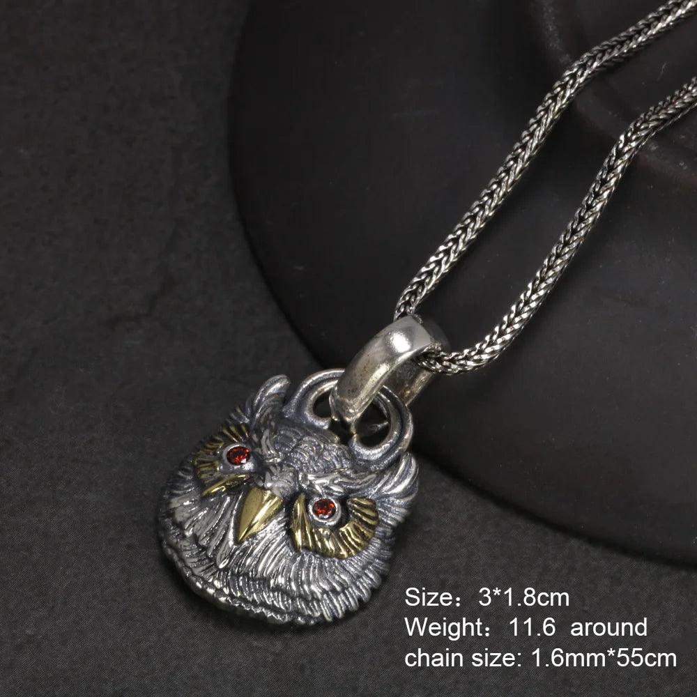 Real S925 Sterling Silver Garnet Pendant Owl Necklace Men's and Women's Retro Jewelry - GQTORCH Jewelry