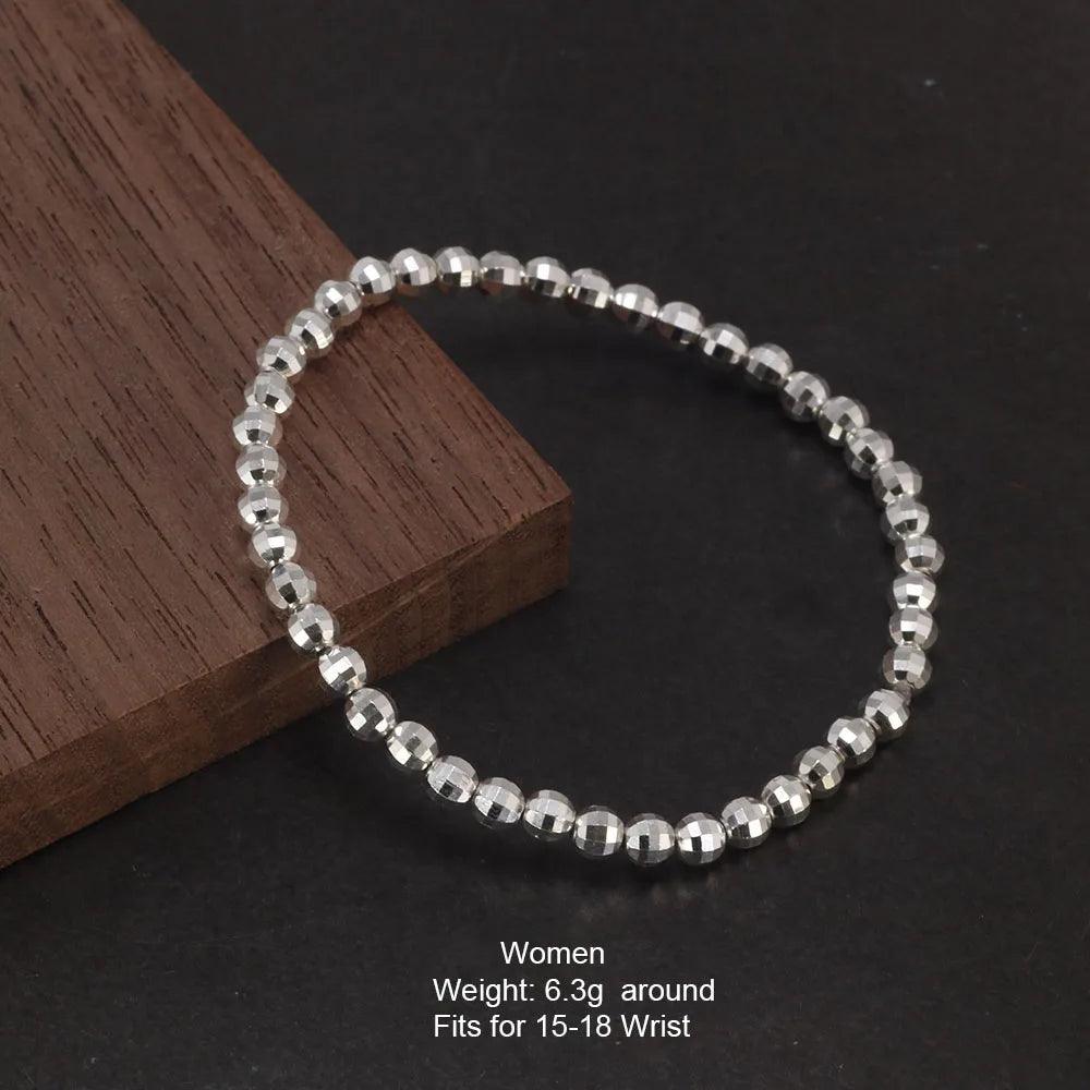 Real Pure 999 Sterling Silver Elastic String Faceted Beads Bracelet For Ladies Kids Minimalism Jewelry - GQTORCH Jewelry