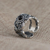 S925 Sterling Silver Vintage Thai Silver Inlaid Black Agate Ring Men and Women Hollow Pattern Wide Couple Rings Silver Ring - GQTORCH Jewelry