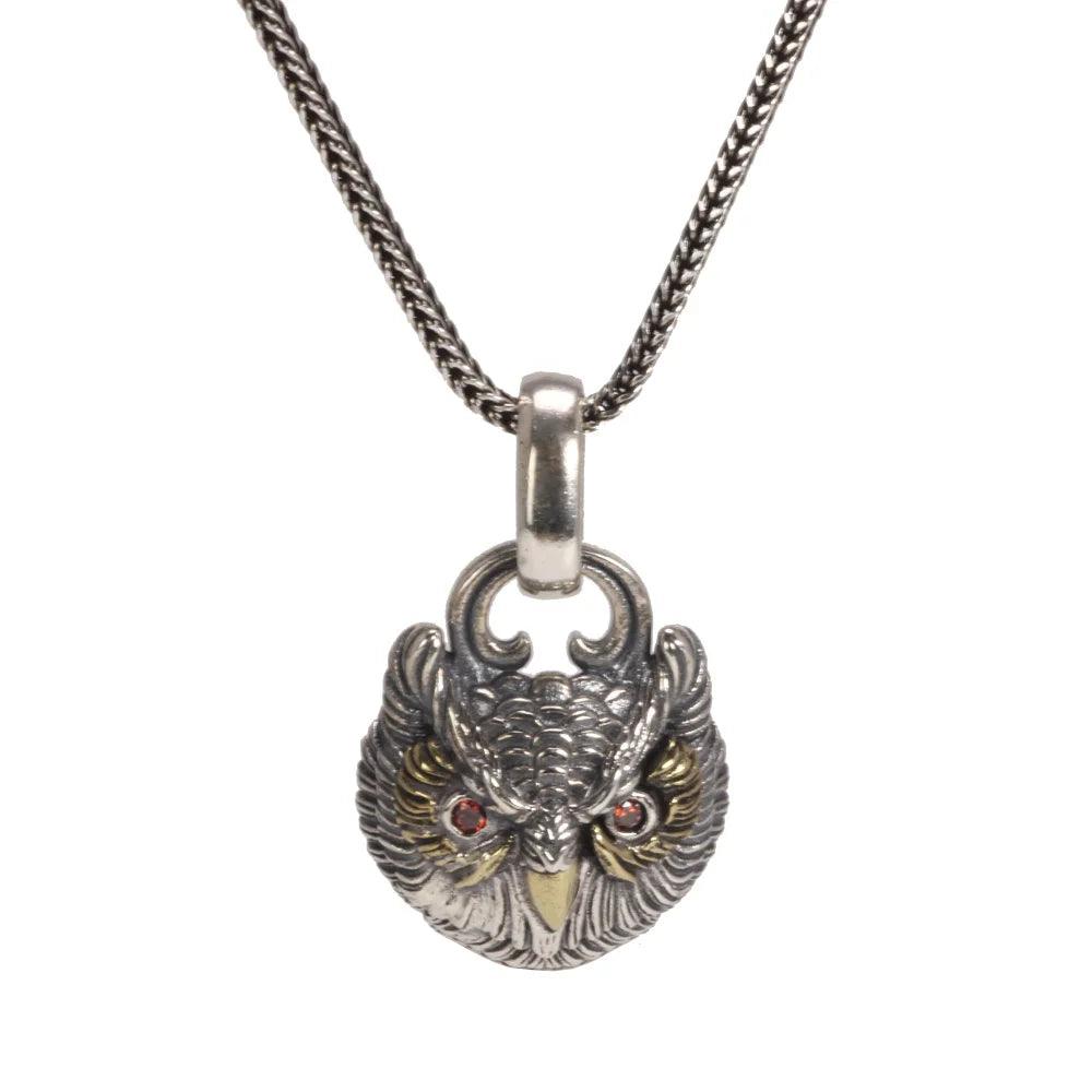 Real S925 Sterling Silver Garnet Pendant Owl Necklace Men's and Women's Retro Jewelry - GQTORCH Jewelry