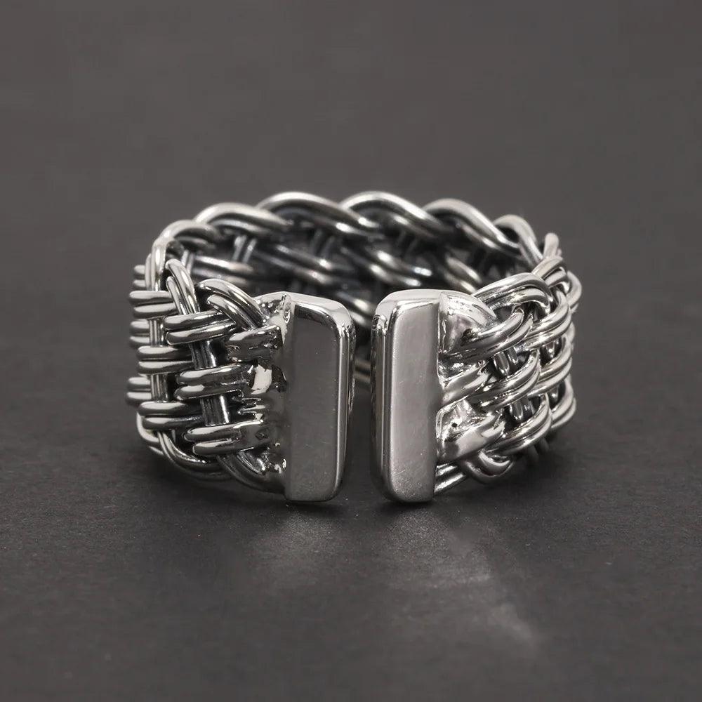 S925 Sterling Silver 2-Thread Braided Ring Viking Band Adjustable Size 7-10 Handmade Jewelry - GQTORCH Jewelry