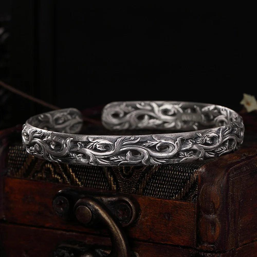 S925 Sterling Silver Bracelet for Women Retro Antique Vine Flower Pattern Engraved Ethnic Bangles for Women Thai Silver Jewelry - GQTORCH Jewelry