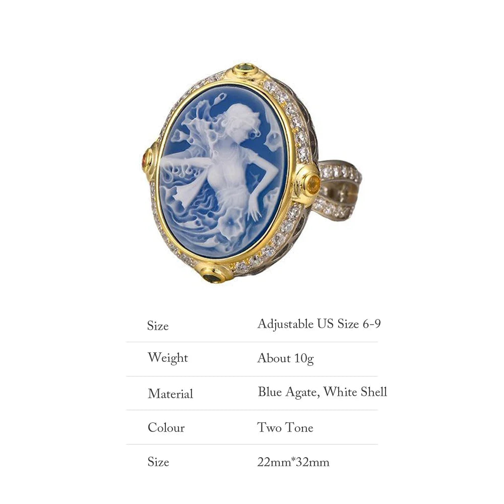 925 Sterling Silver Blue Agate Goddess Cameo Ring for Women Statement Rings White Shell Two Tone Trending Jewelry Accessories