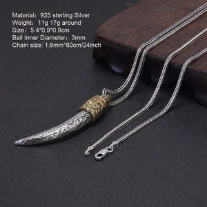 Real Pure 925 Sterling Silver Jewelry Wolf Tooth Pendant Necklace for Men Amulets and Talismans Retro Punk Viking Animal Jewelry - GQTORCH Jewelry