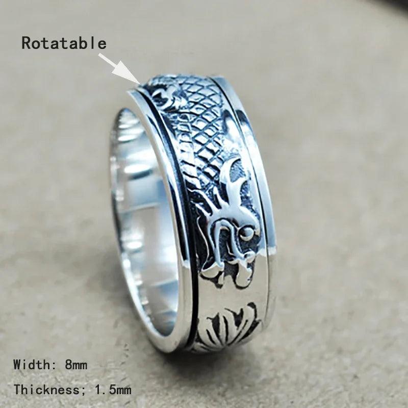 Real Pure 925 Sterling Silver Dragon Rings For Men Rotatable Transfer Luck Vintage Punk Retro Style Anel Masculino Aneis - GQTORCH Jewelry