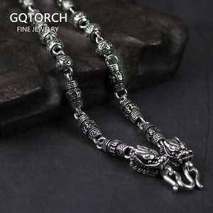 Vintage Sweater Chain Real 925 Sterling Silver Tibetan Mantra Necklace For Men Om Mani Padme Hum Carving Buddha Jewelry - GQTORCH Jewelry