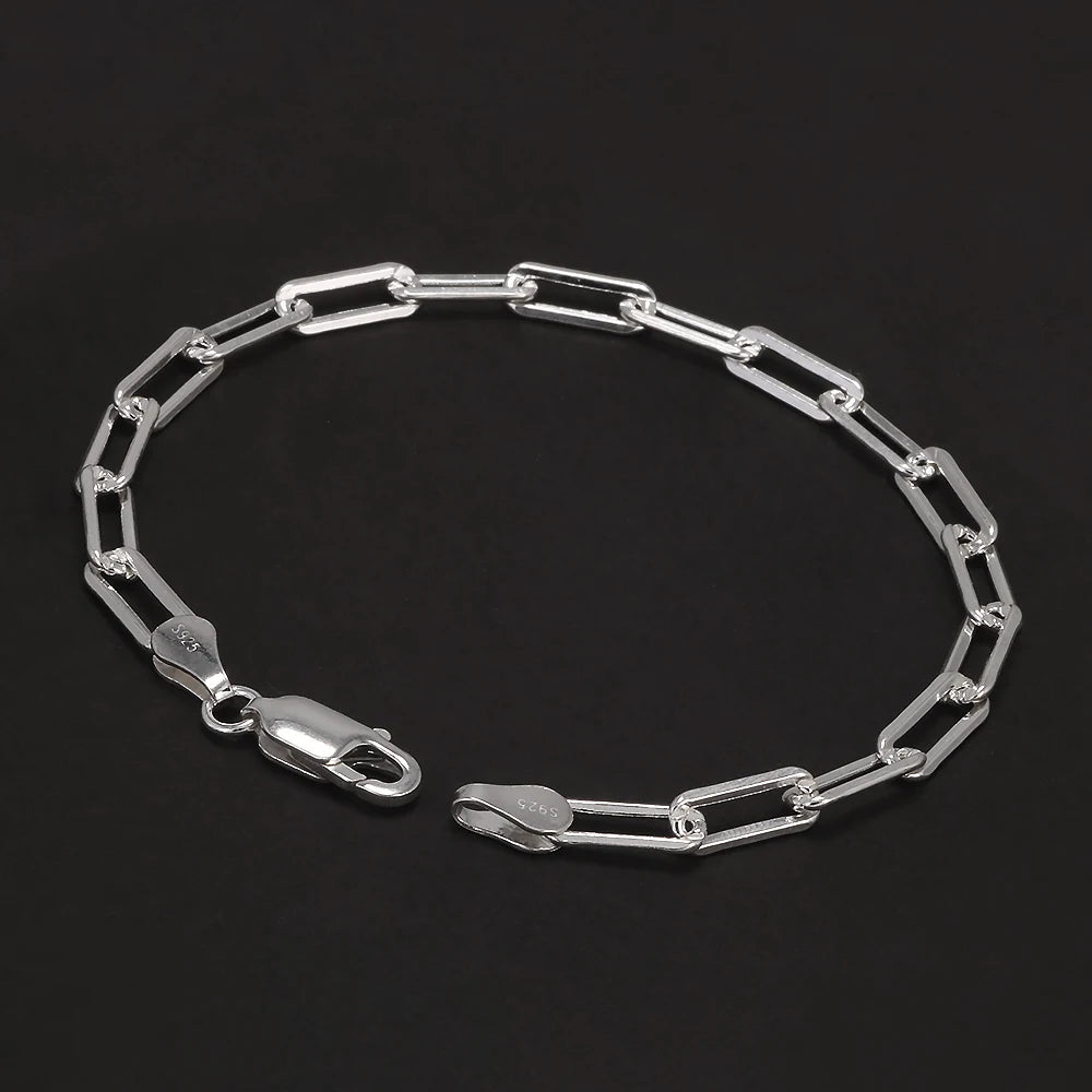Solid 925 Sterling Silver 4mm Paperclip Link Chain Bracelet for Men Women Paper Clip Hand Chain Simple Fashion Punk Jewelry