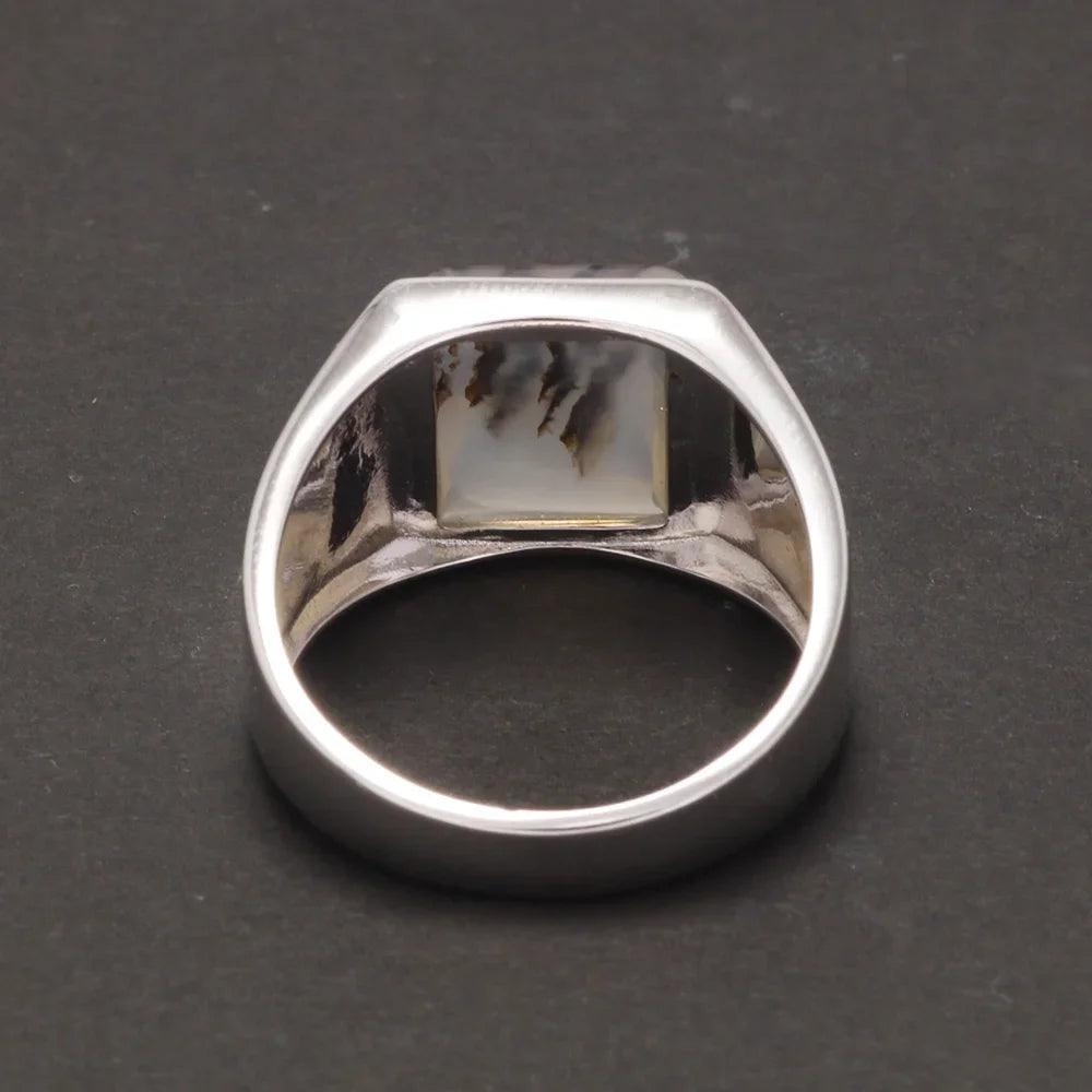 Real Pure 925 Sterling Silver Mens Rings with Natural Agate Original Color Simple Turkish Rings Trendy Male Jewelry - GQTORCH Jewelry