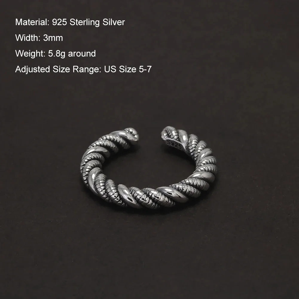 925 Sterling Silver Twisted Ring for Women Men Adjustable Braided Twist Rope Rings Simple Retro Fashion Handmade Party Jewelry