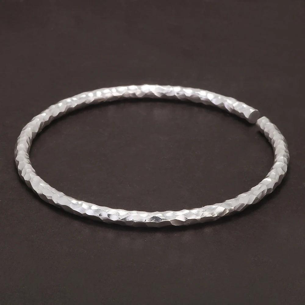 Solid 999 Pure Silver Hammered Cuff Bangle for Women Minimalist Retro Design Birthday Party Jewelry for Lady - GQTORCH Jewelry