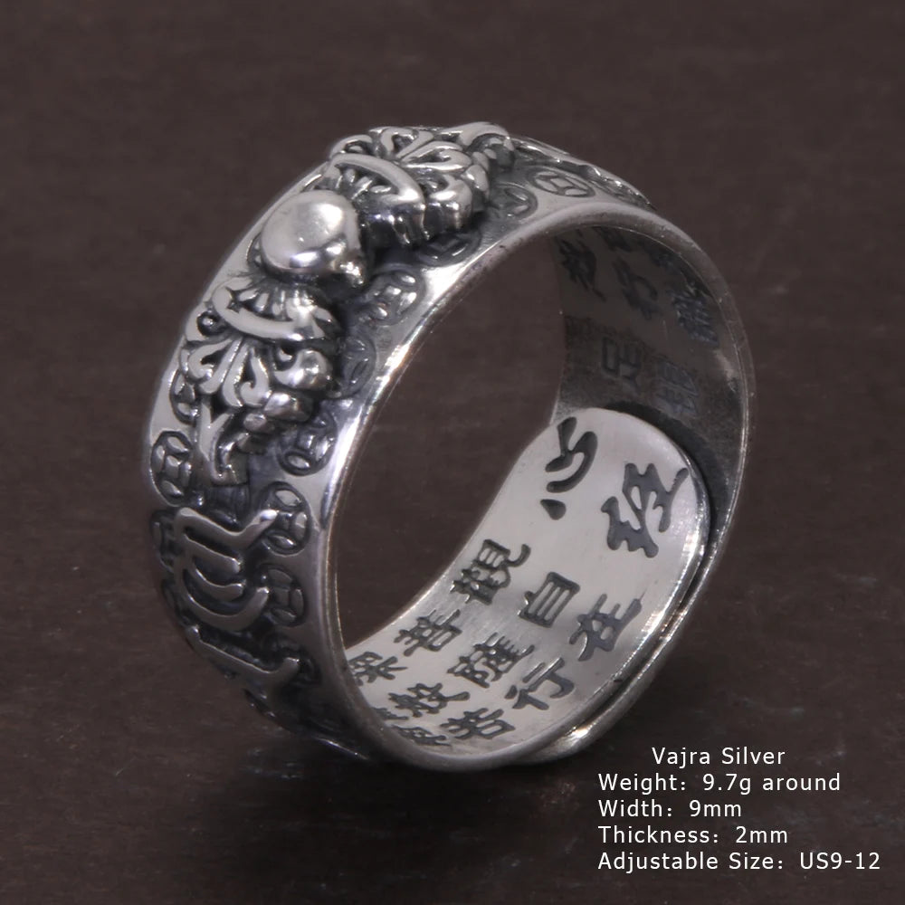 Vintage Pure Silver 999 Six Words Heart Sutra Ring Men's Adjustable Golden Pixiu Vajra Buddhist Religious Fine Jewelry