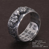 Vintage Pure Silver 999 Six Words Heart Sutra Ring Men's Adjustable Golden Pixiu Vajra Buddhist Religious Fine Jewelry
