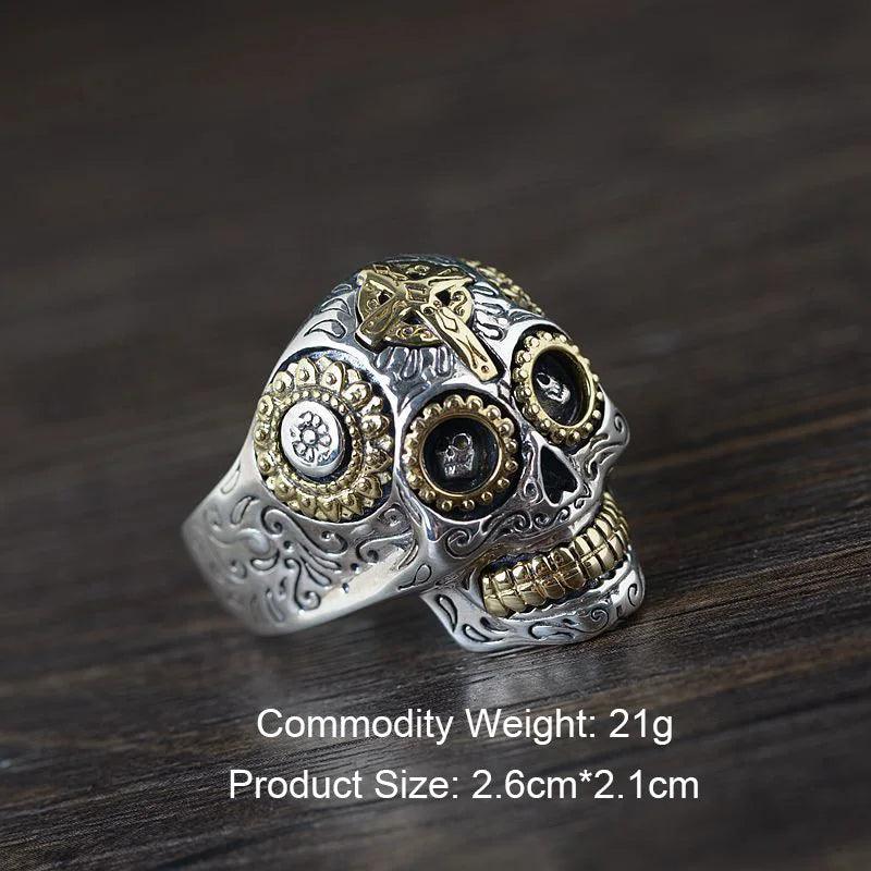 Real Solid 925 Sterling Silver Sugar Skull Rings For Men Mexican Rings Retro Gold Color Cross Sun Flower Engraved Punk Jewelry - GQTORCH Jewelry