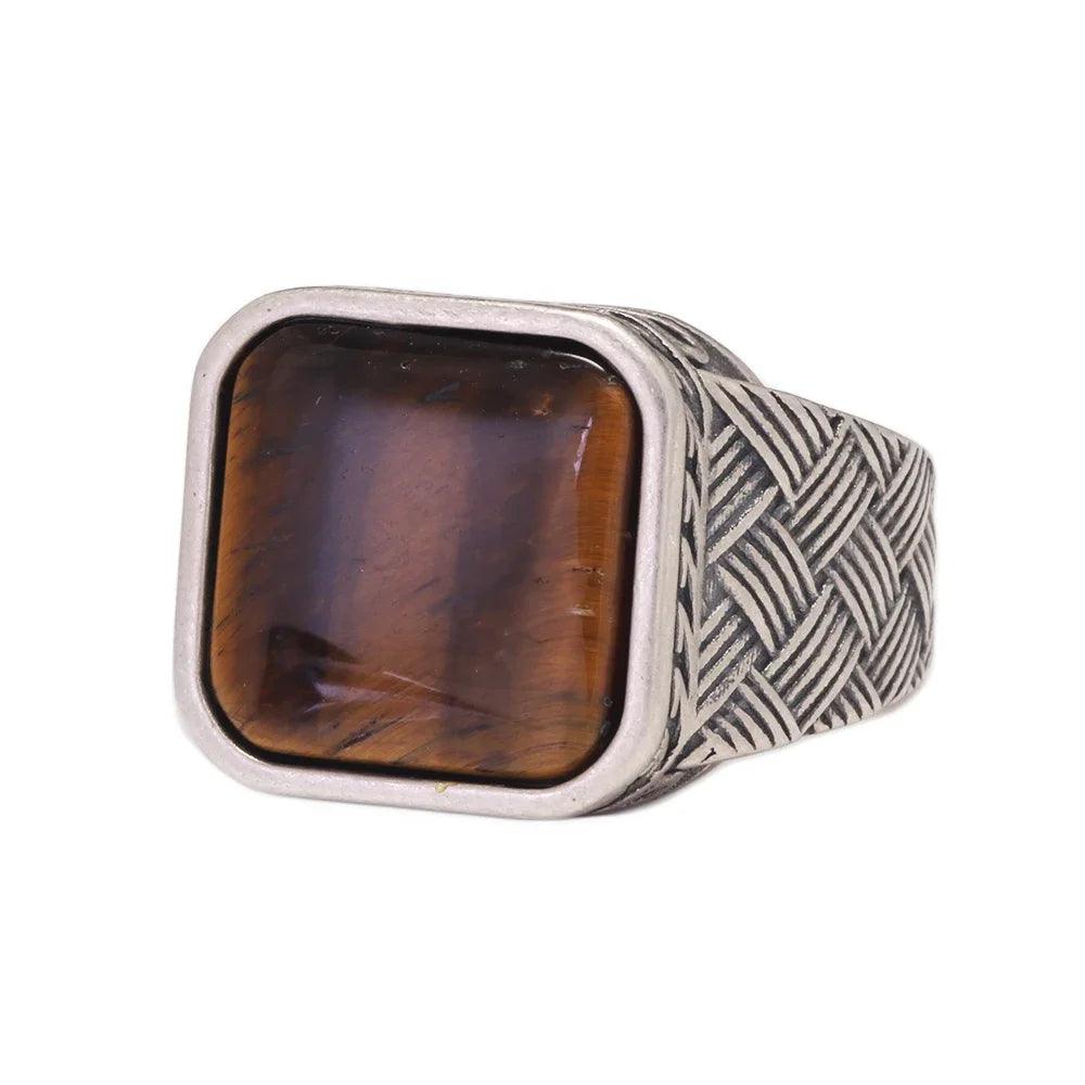 Real Pure 925 Sterling Silver Ring Antique Vintage Men's Ring Natural Agate Tiger Eye Fine Jewelry - GQTORCH Jewelry