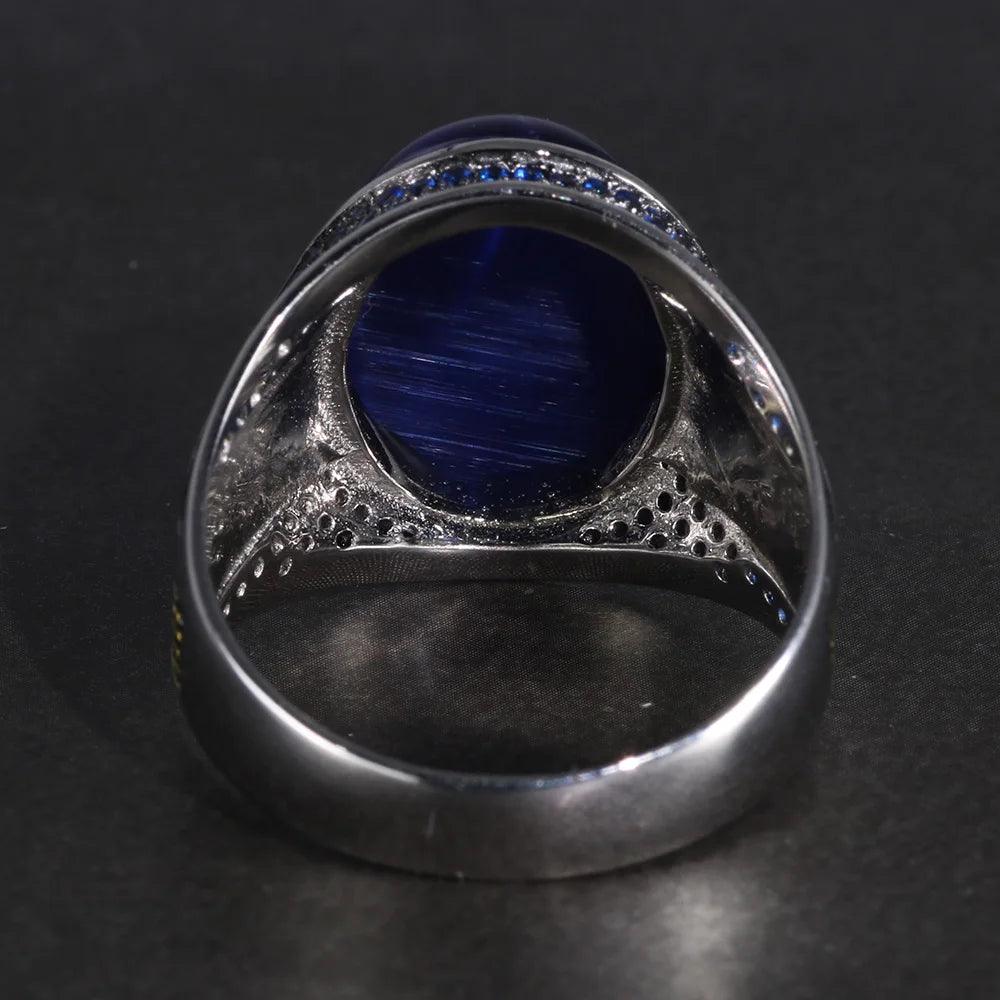 Real Pure Mens Rings Silver S925 Men's Turkey Rings with Natural Blue Tiger Eyes Stone Silver 925 Jewelry - GQTORCH Jewelry