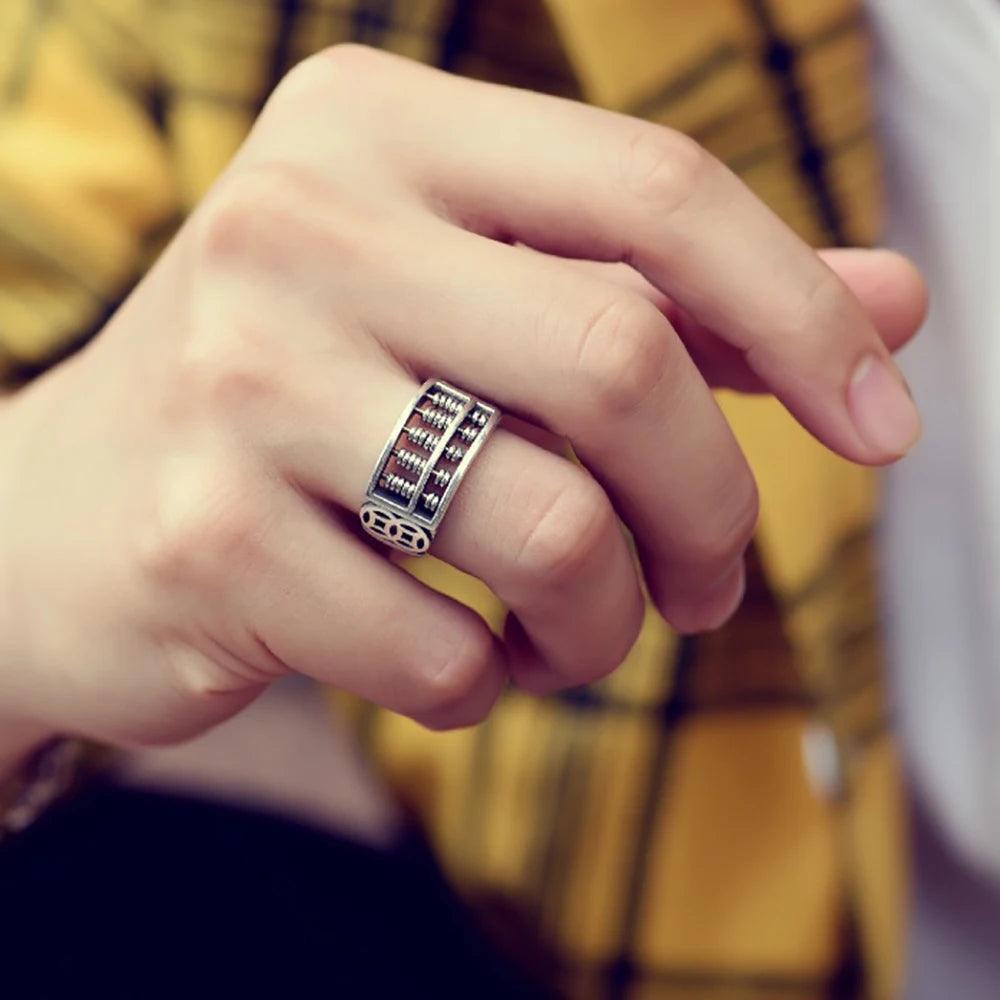 Real S925 Vintage Sterling Silver Wealth Coin Abacus Ring Open Style Men's and Women's Feng Shui Jewelry - GQTORCH Jewelry