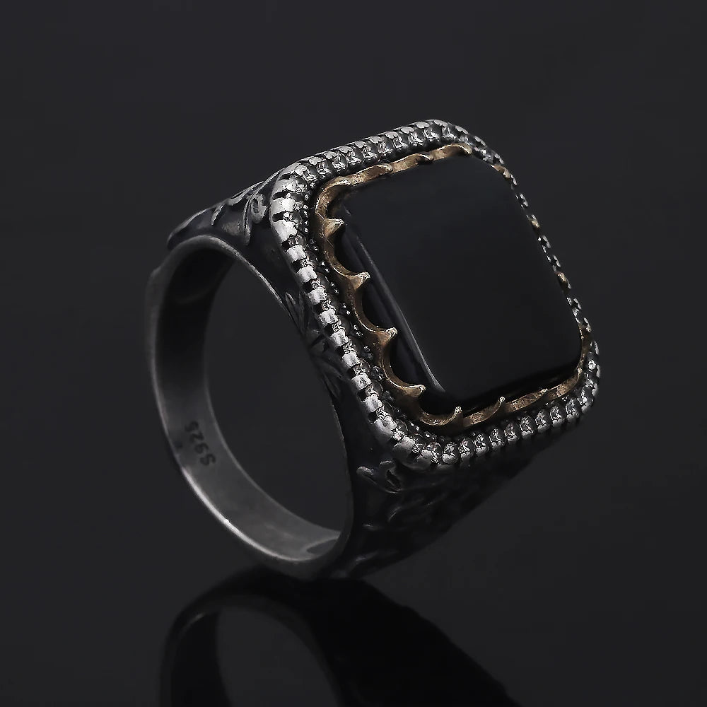 Solid S925 Silver Vintage Natural Stone Signet Ring Red Black Agate Green Jade Flower Engraved Fashion Turkish Wedding Jewelry