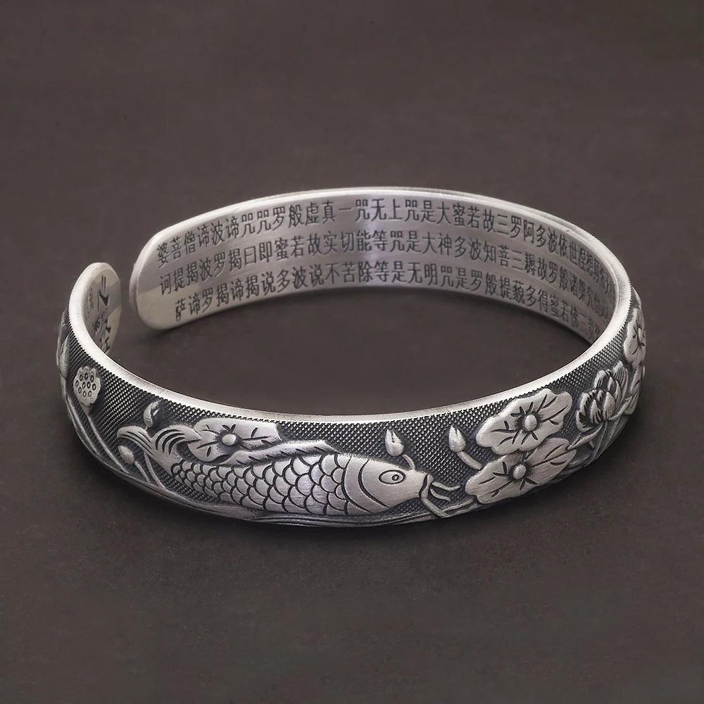 999 Pure Silver Buddhist Fish Lotus Bracelet Heart Sutra Engraved Open Cuff Bangle Vintage Adjustable Handmade Spiritual Jewelry - GQTORCH Jewelry