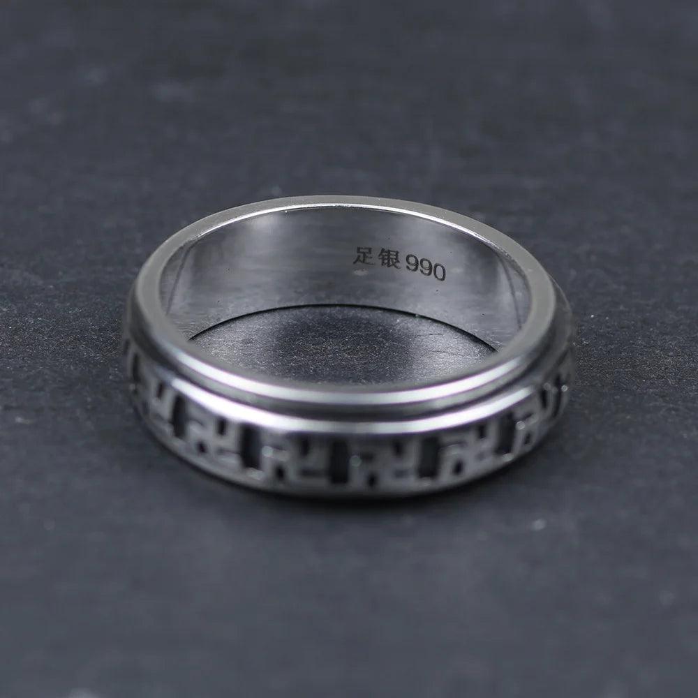 Real Pure 925 Sterling Silver Rotatable Rings Om Mani Padme Hum For Women And Men Prayer 6mm Shurangama Mantra Buddhism Jewelry - GQTORCH Jewelry