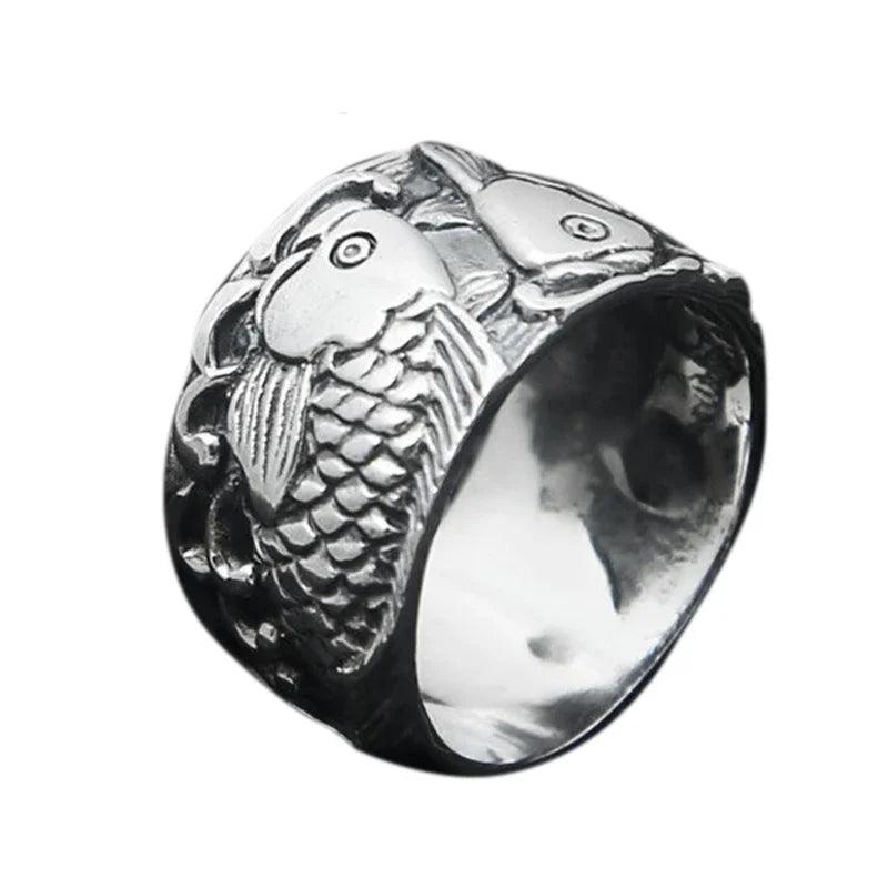 Real 925 Sterling Silver Jewelry Engraved Double Carp Fish Rings For Women and Men Lovers Couples Gift - GQTORCH Jewelry