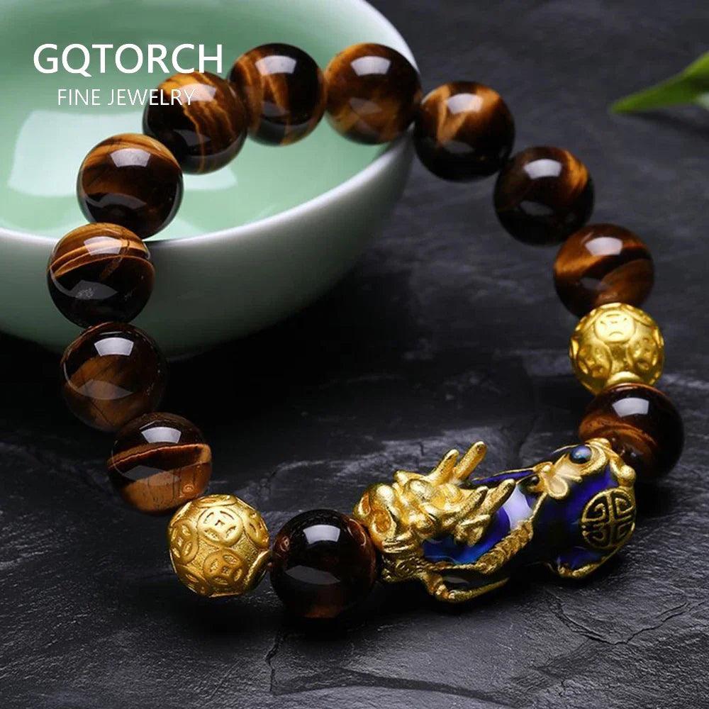 Natural Yellow Tiger Eye Black Onyx Beads Bracelet With Temperature Change Color Lucky Pixiu Brave Troops Fengshui Jewelry - GQTORCH Jewelry