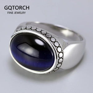 Real Pure 925 Silver Jewelry Blue Tiger Eyes Rings For Men And Women Oval Shape Natural Stone Simple Design Turkey Jewelry - GQTORCH Jewelry