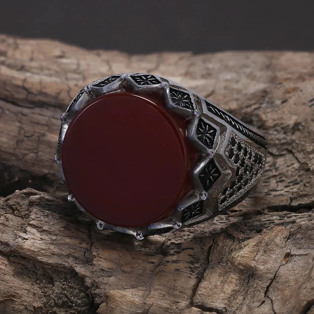 925 Sterling Silver Black Stone Onyx Signet Ring for Men Micro Inlaid Zircon Red Green Agate Ring Luxury Vintage Turkey Jewelry