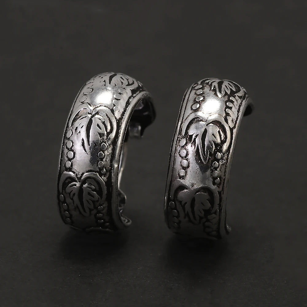 Real 925 Sterling Silver Retro Hoop Earrings for Women Men Geometric Heart Wheat Leaf Whale Vintage Punk Rock Ear Jewelry Gift