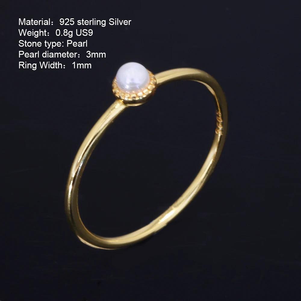 Real 925 Sterling Silver Small Pearl Rings for Women Gold Plating Minimalist Fine Jewelry Anniversary Gift - GQTORCH Jewelry