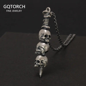 Real S925 Sterling Silver The Sword Pass Through Skulls Pendant for Men and Women Vintage Gothic Style Necklace Chain - GQTORCH Jewelry