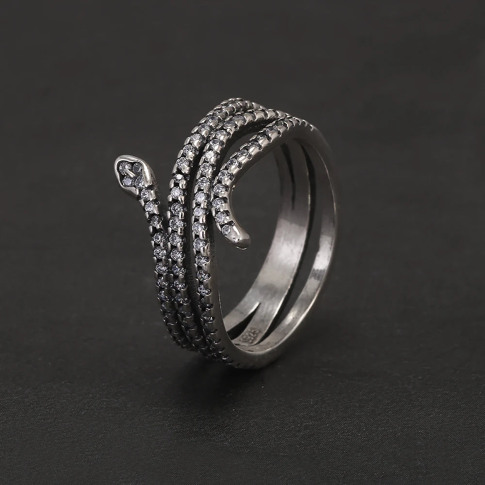 100% 925 Sterling Silver Retro Snake Ring for Women Micro Inlaid Zircon Fashion Animal Rings Punk Party Jewelry Accessories