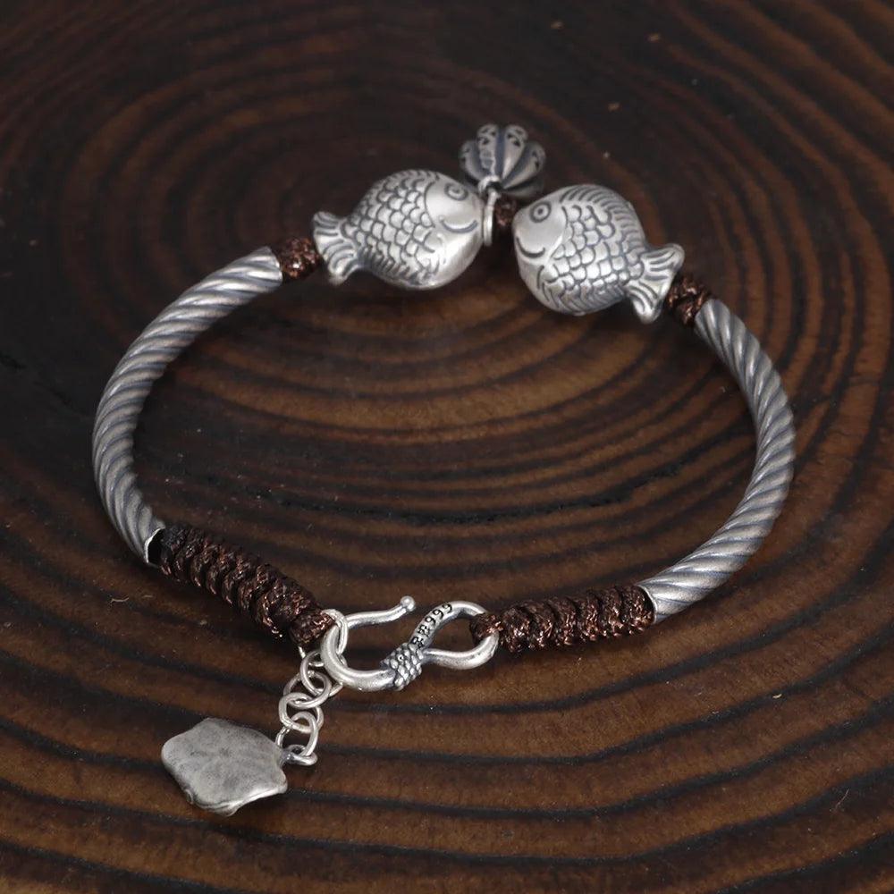 999 Silver Men and Women Pixiu Lucky Handmade Bracelet Leather Rope Adjustable Bracelet Lotus Leaf Fashion Animal Fish Jewelry - GQTORCH Jewelry
