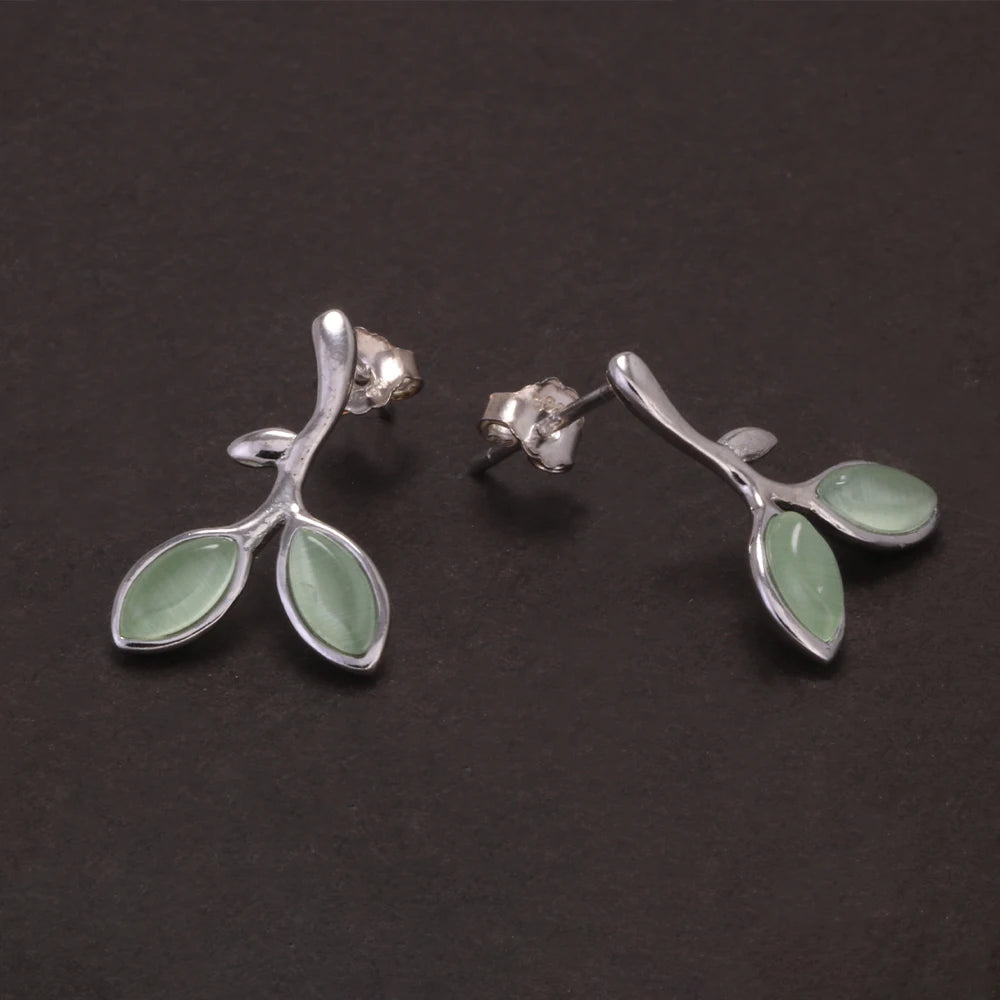 925 Sterling Silver Leaf Open Cuff Bracelet Earrings with Opal Jewelry Set for Girl Women Vintage Elegant Trendy Style