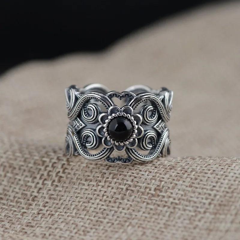S925 Sterling Silver Vintage Thai Silver Inlaid Black Agate Ring Men and Women Hollow Pattern Wide Couple Rings Silver Ring - GQTORCH Jewelry