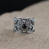 S925 Sterling Silver Vintage Thai Silver Inlaid Black Agate Ring Men and Women Hollow Pattern Wide Couple Rings Silver Ring - GQTORCH Jewelry