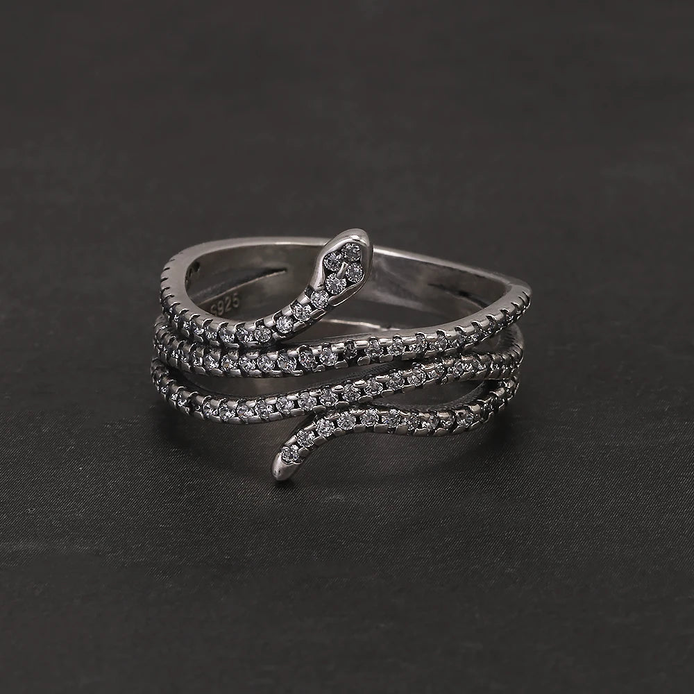 100% 925 Sterling Silver Retro Snake Ring for Women Micro Inlaid Zircon Fashion Animal Rings Punk Party Jewelry Accessories