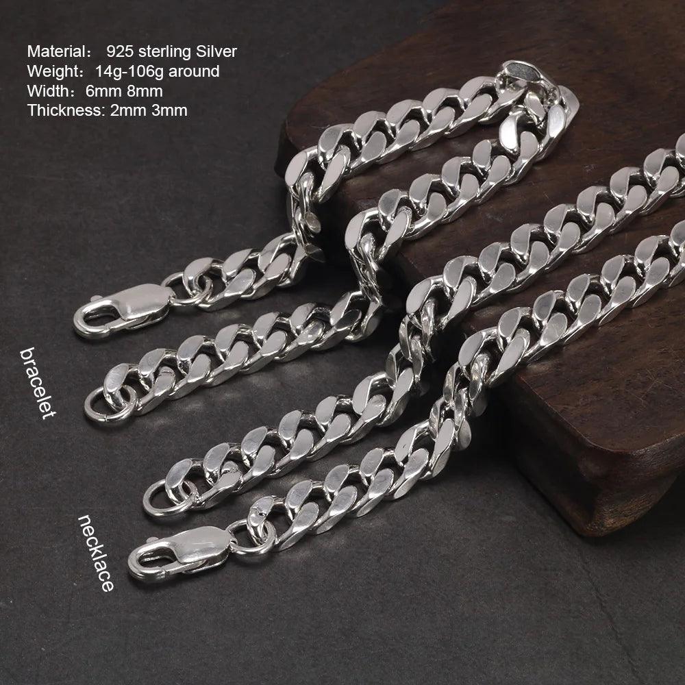 Real 925 Sterling Silver Couple Bracelet 6mm 8mm Hip Hop Rock Punk Cuban Necklace Simple Retro Men's and Women's Jewelry - GQTORCH Jewelry