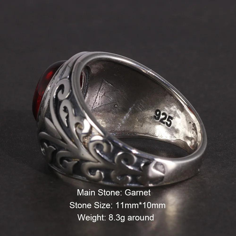 Real 925 Sterling Silver Jewelry Vintage Rings For Men Engraved Flowers With Red Garnet Natural Stone Fine Jewellery - GQTORCH Jewelry