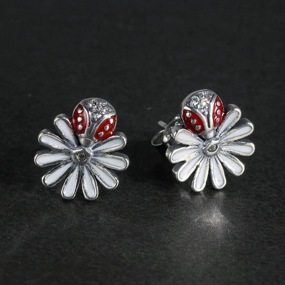 Real Sterling Silver 925 Earrings Sweet Cute Daisy & Insects Earrings For Women Ladies Fine Jewellery Bijoux - GQTORCH Jewelry