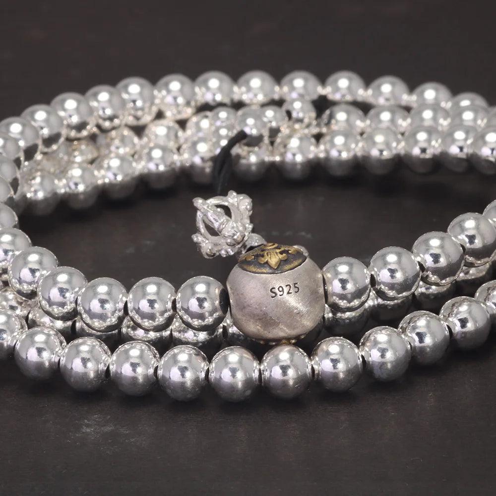 Real 925 Sterling Silver Multi Layers Round 108 Beads Bracelet For Women Buddhist Handmade DIY Beaded Jewelry - GQTORCH Jewelry