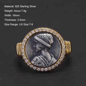 S925 Silver Gold Plating Cameo Ring with Zircon Women Opening Type Vintage Round Coin Rings Fine Jewelry Gift - GQTORCH Jewelry