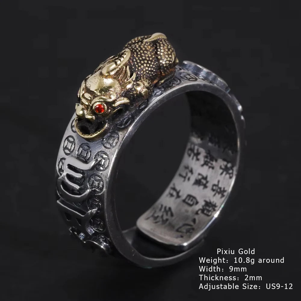 Vintage Pure Silver 999 Six Words Heart Sutra Ring Men's Adjustable Golden Pixiu Vajra Buddhist Religious Fine Jewelry