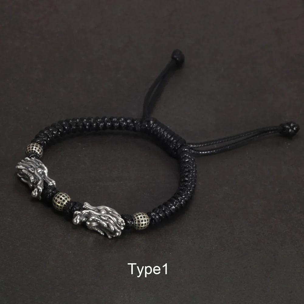 Sterling Silver 999 3D Double Dragon Head Bracelet for Men and Women Pure Handwoven Lucky Rope Bracelet Chinese Knot Jewelry - GQTORCH Jewelry