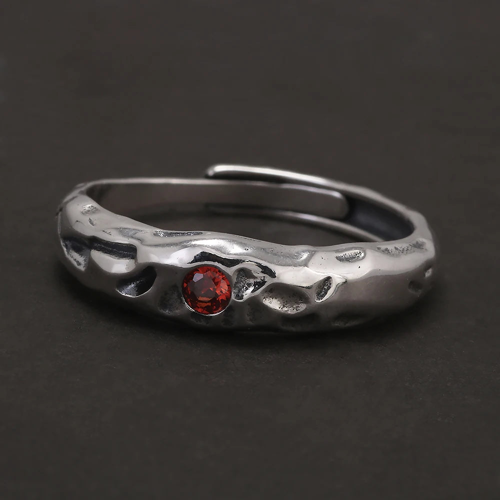 Solid 925 Sterling Silver Zircon Birthstone Ring for Women Irregular Hammered Adjustable Simple Fashion Daily Jewelry Party Gift