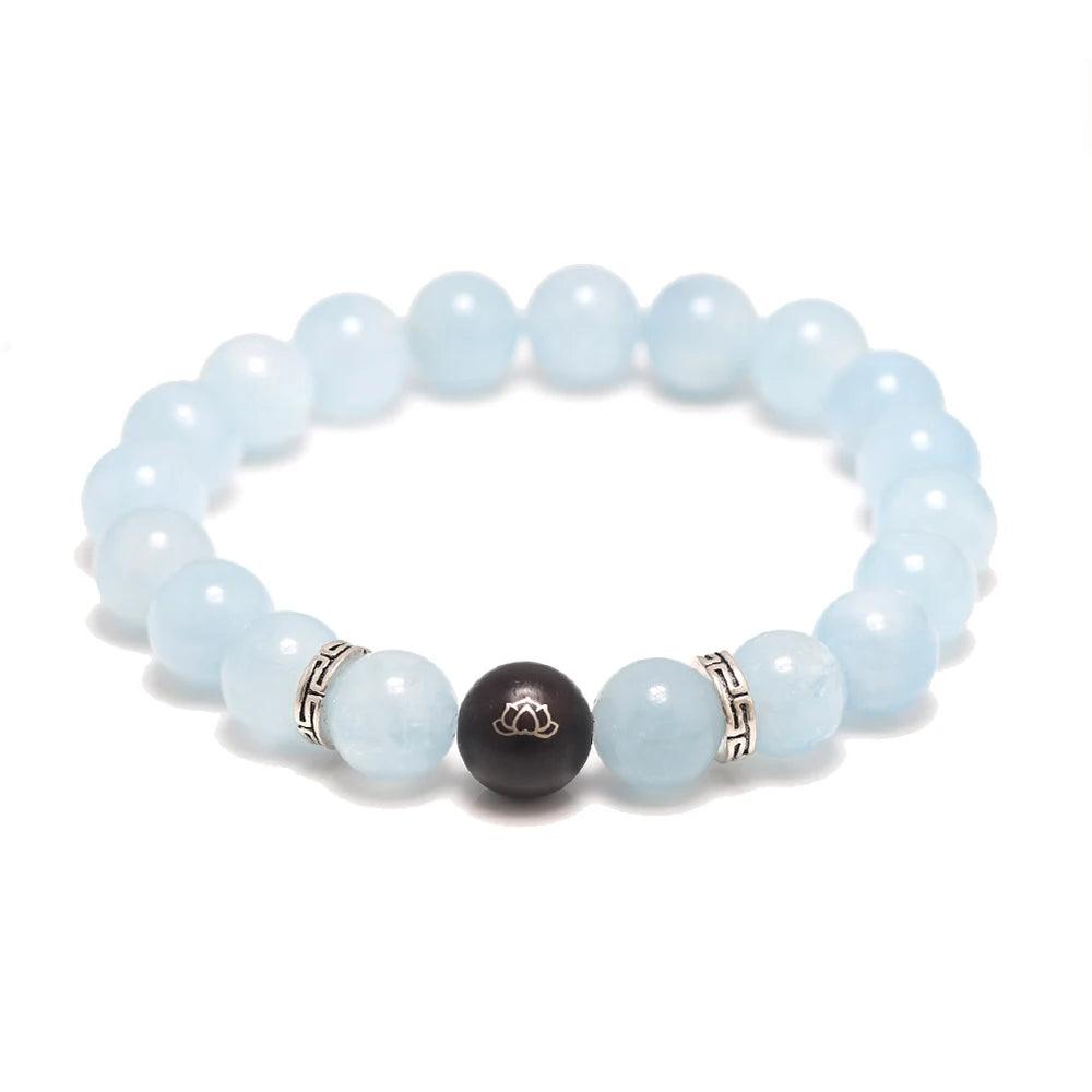 Natural Aquamarine Beads Bracelet with Lotus Finger Meditation Sandalwood Bead 925 Sterling Silver Accessories Men and Women - GQTORCH Jewelry