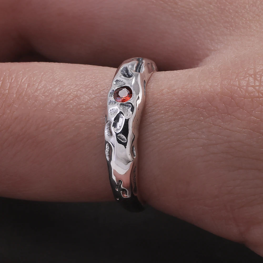 Solid 925 Sterling Silver Zircon Birthstone Ring for Women Irregular Hammered Adjustable Simple Fashion Daily Jewelry Party Gift