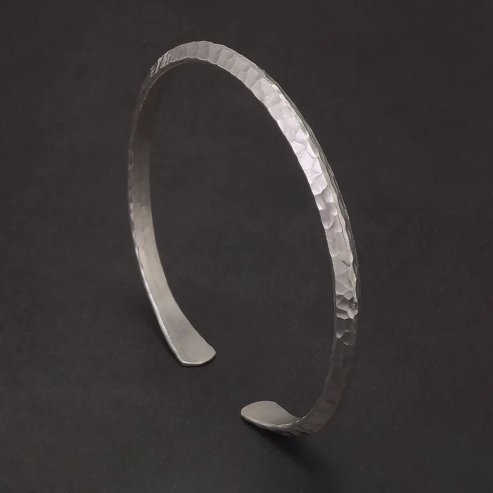 Solid 925 Sterling Silver Hammered Bangle 4mm Open Cuff Bracelet for Women Men Urban Minimalist Chic Retro Party Jewelry