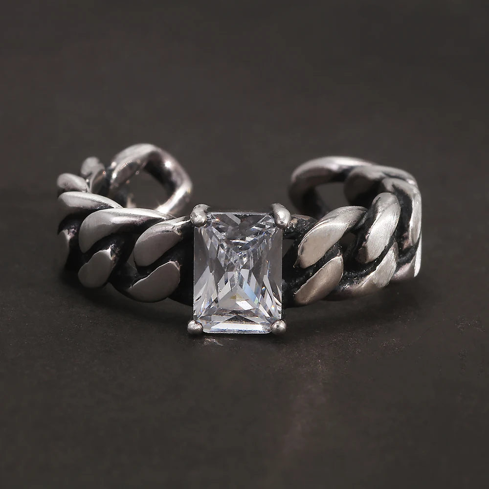 925 Sterling Silver Twisted Braided Ring with White Zircon Shining Square Shaped Thai Silver Color Retro Vintage Fashion Jewelry